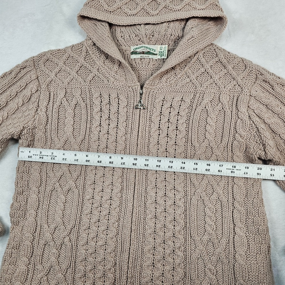 Aran Crafts Irish Wool Cable Knit Full Zip Cardigan Hoodie Womens XS Toupe Long - Picture 12 of 15